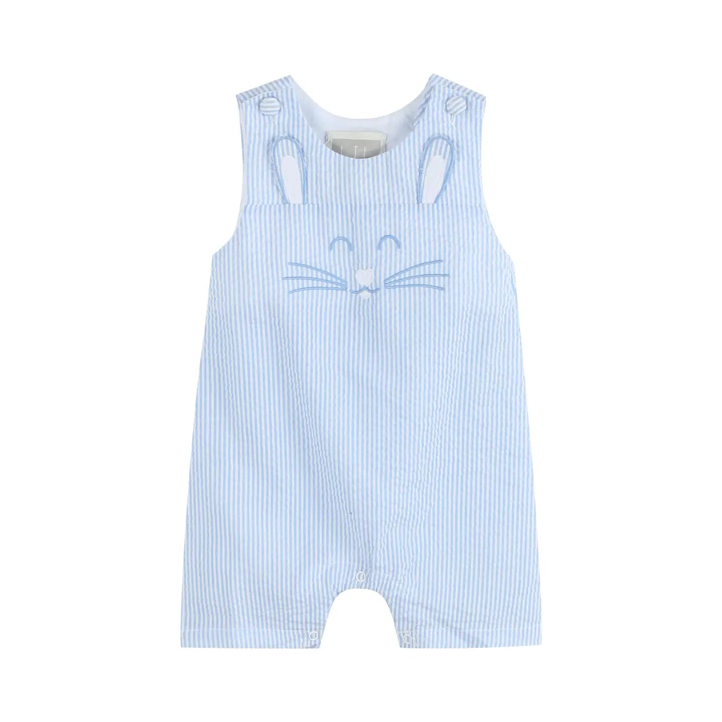 Blue Seersucker Bunny Face Shortalls