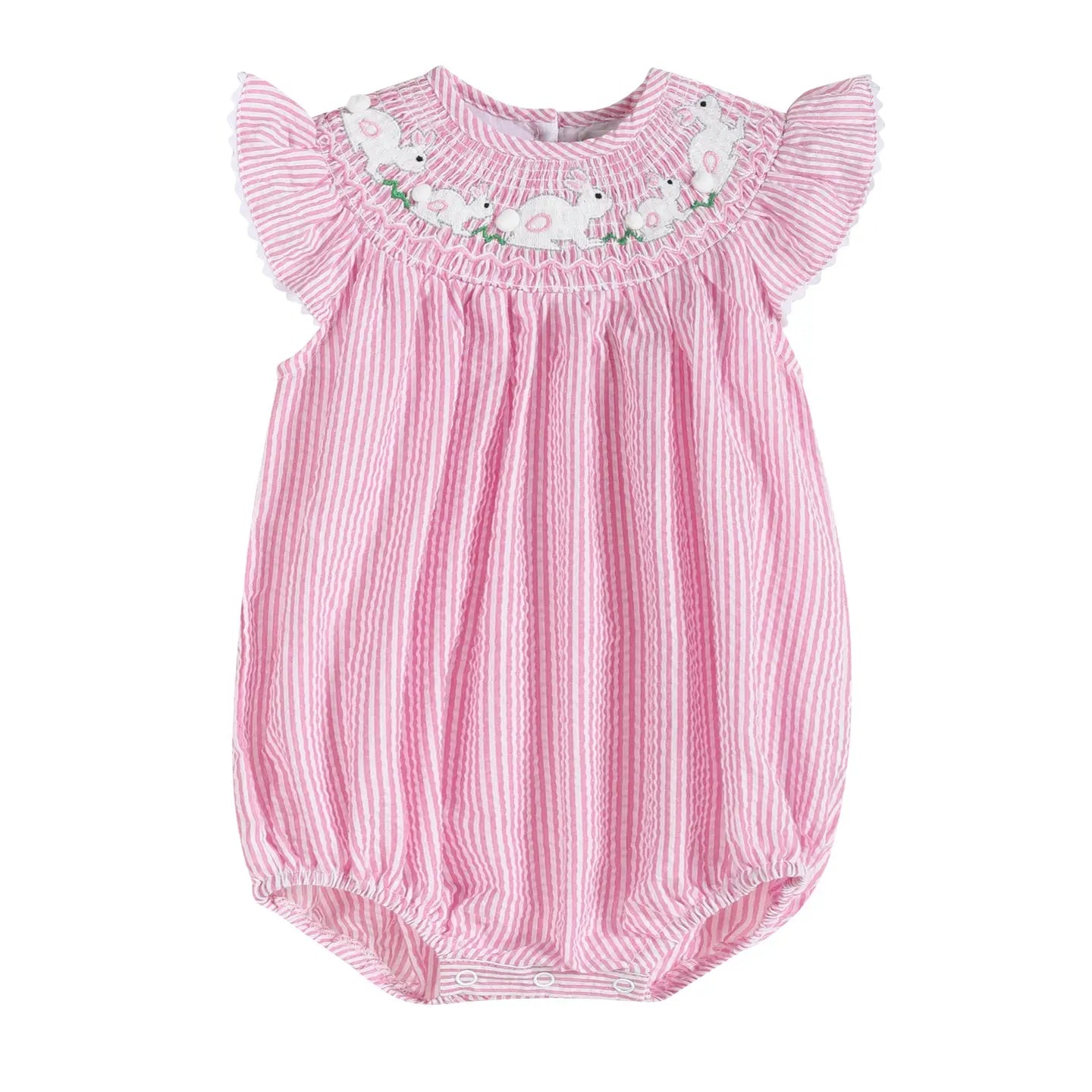 Pink Seersucker Running Bunnies Flutter Romper