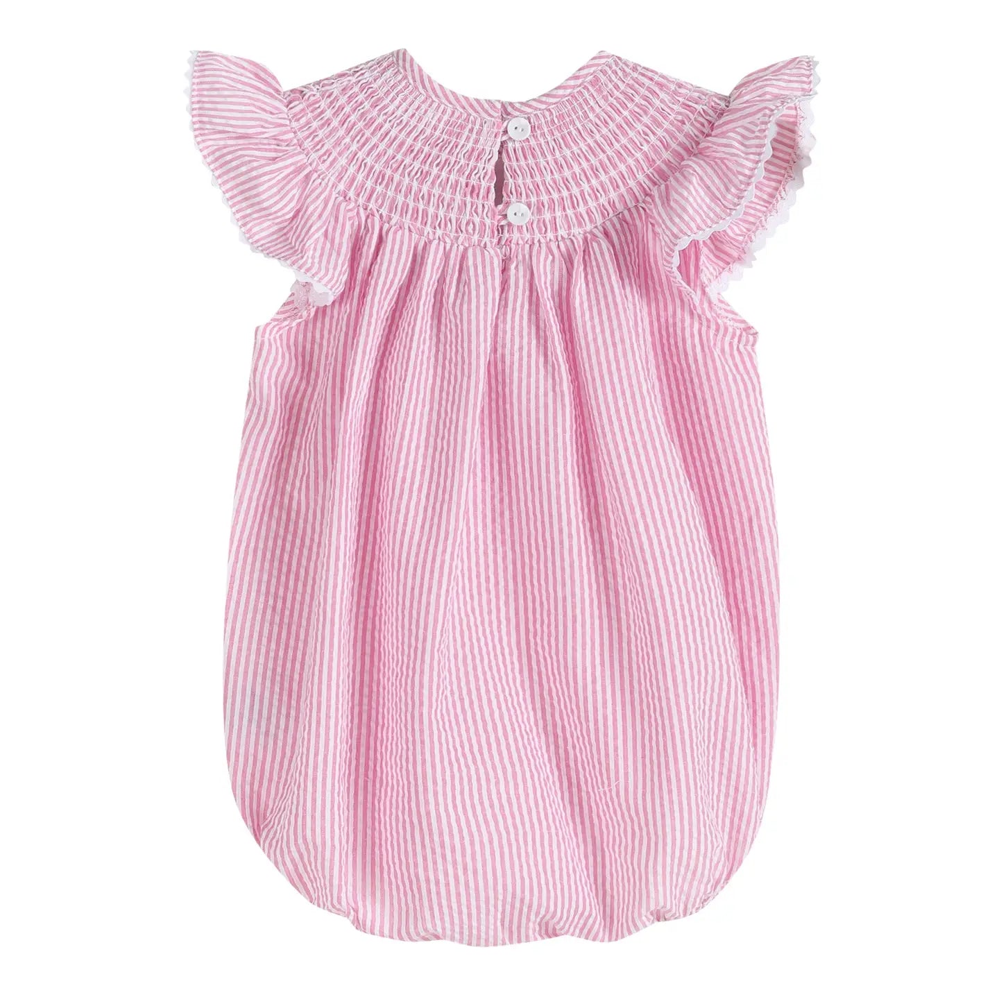 Pink Seersucker Running Bunnies Flutter Romper