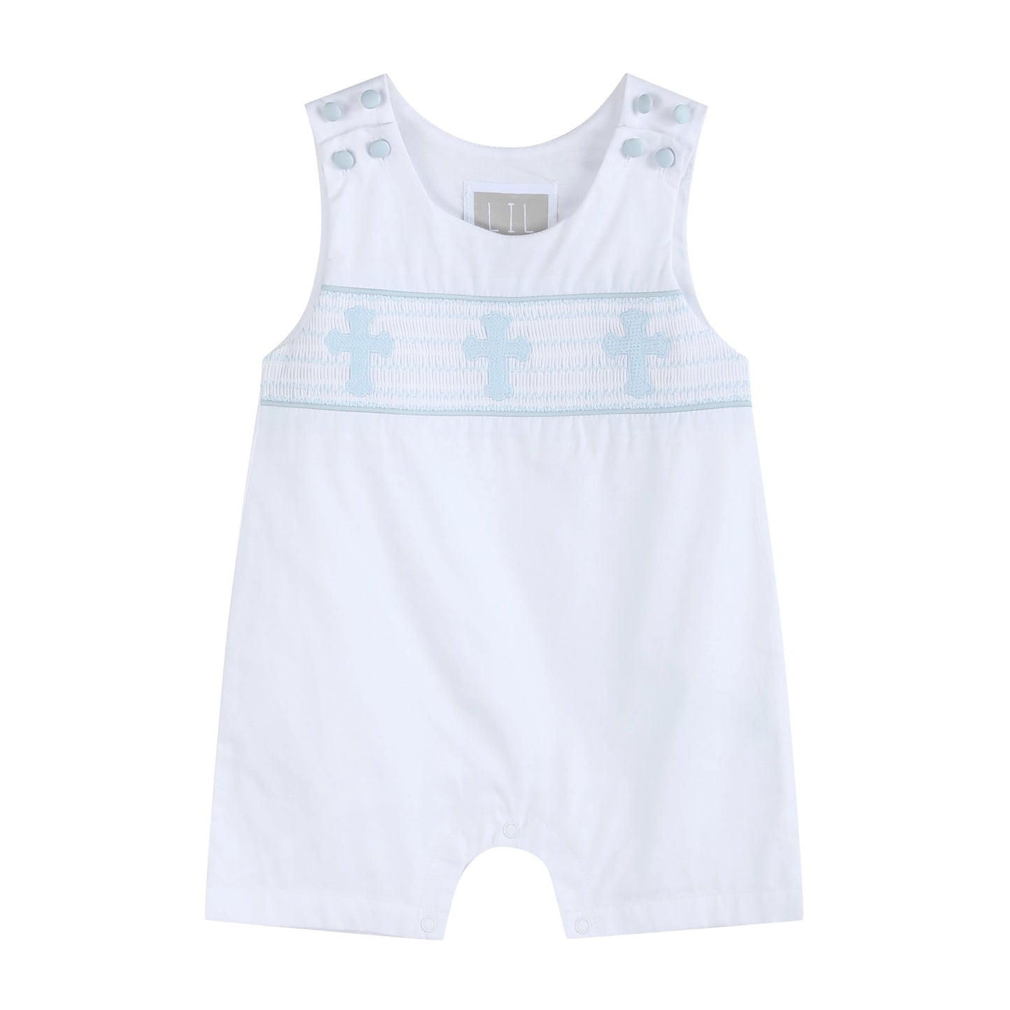 White & Blue Holy Crosses Smocked Overalls