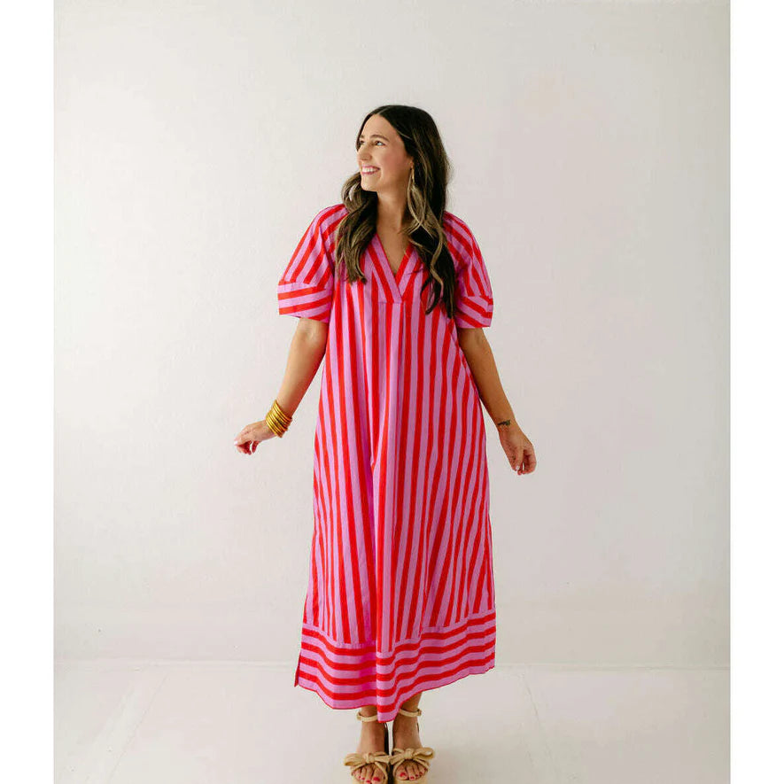 Stripe V-Neck Puff Sleeve