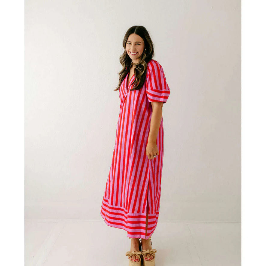 Stripe V-Neck Puff Sleeve