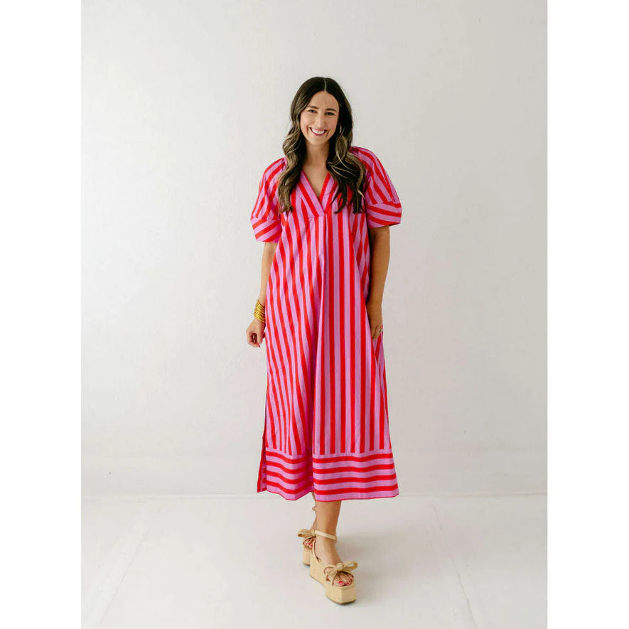 Stripe V-Neck Puff Sleeve