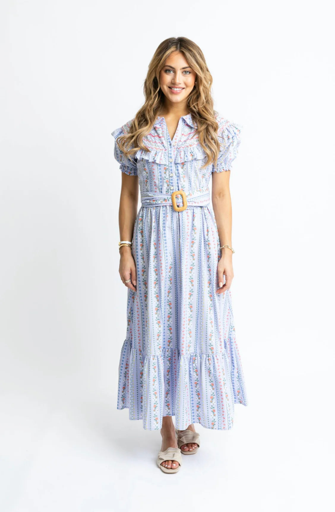 French Floral Belted Maxi Dress