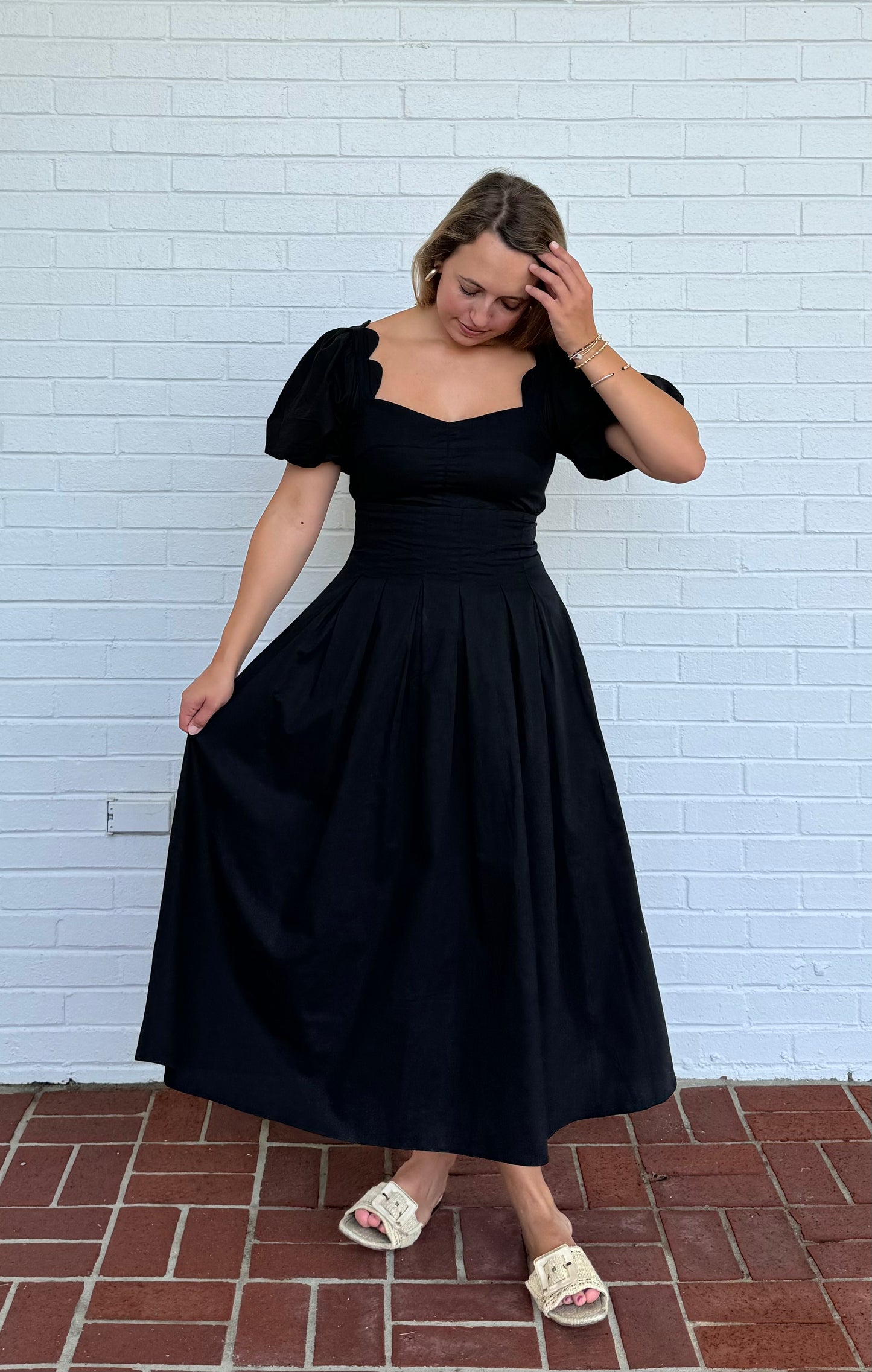 Black Scallop Puff Sleeve Dress