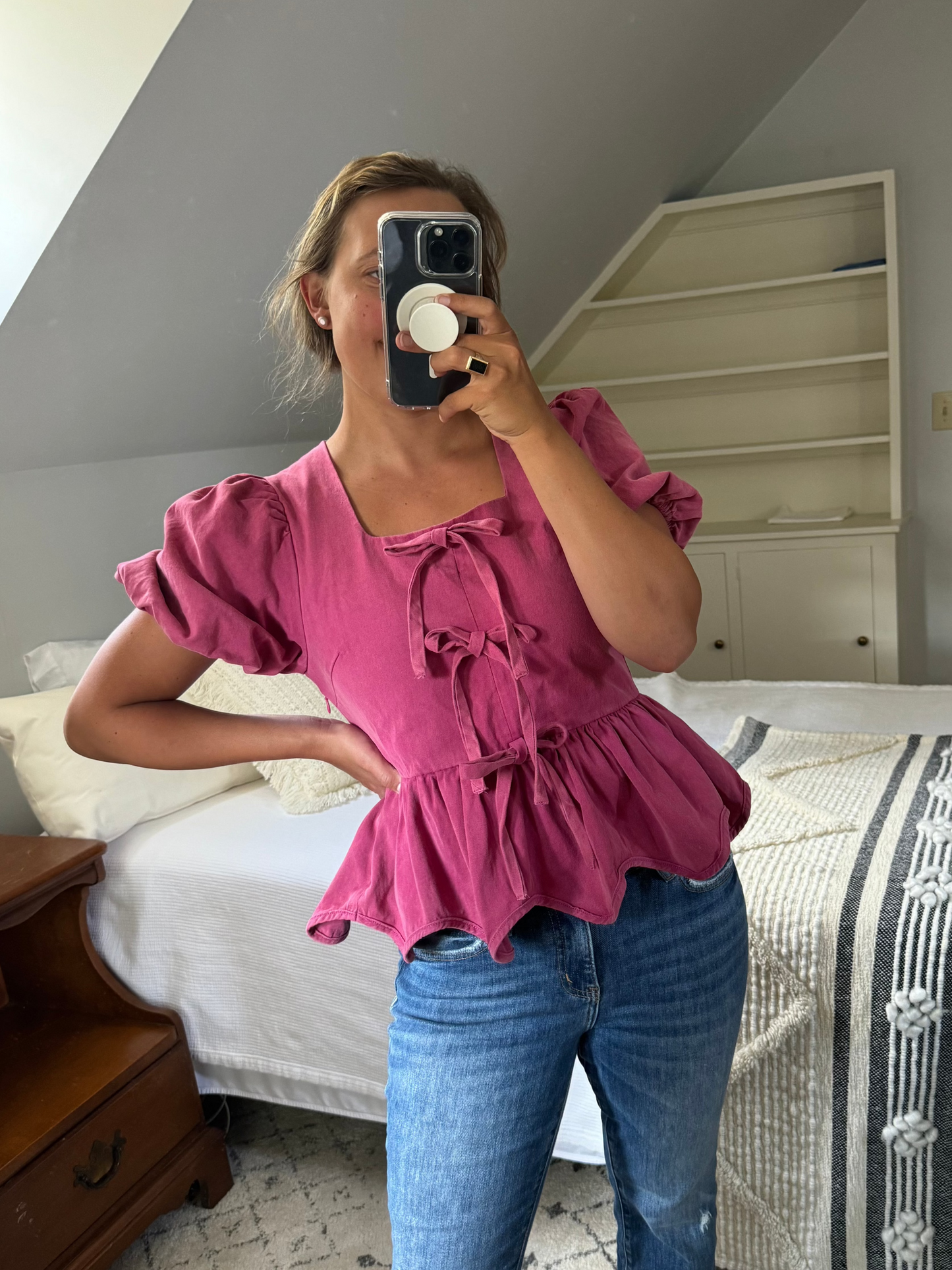 Plum Puff Sleeve Bow Top