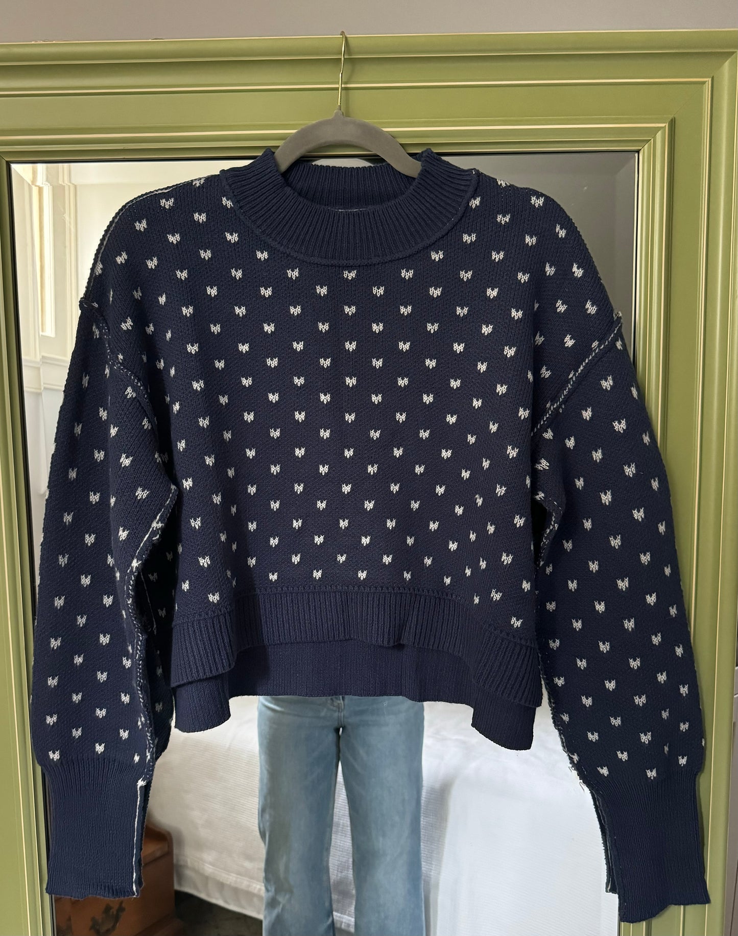 Navy White Heart Stitched Sweater