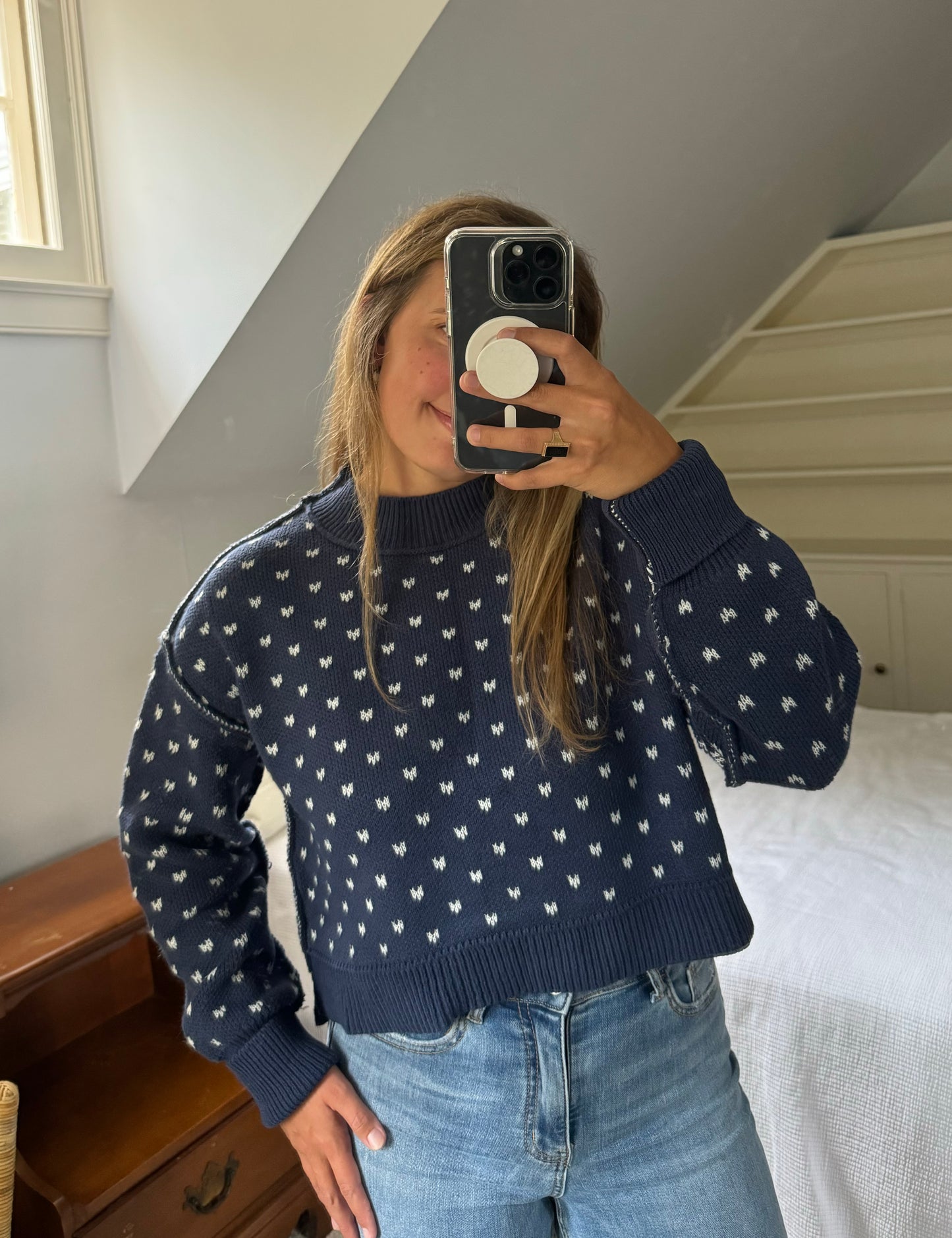 Navy White Heart Stitched Sweater